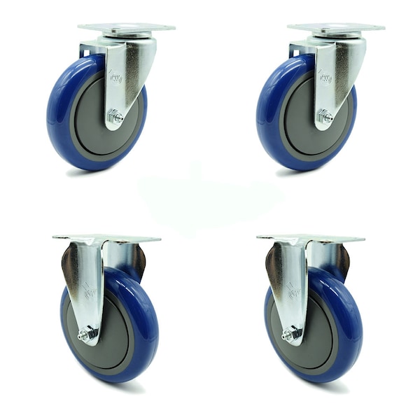 5 Inch Blue Polyurethane Wheel Swivel Top Plate Caster Set with 2 Rigid SCC